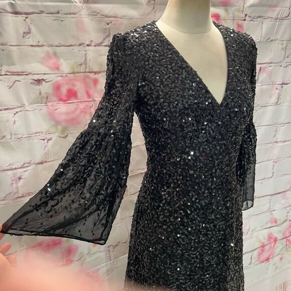 French Connection Women's Cellienne Sequin Bell Sleeve Laced Mini Black Dress 4 - Picture 5 of 13